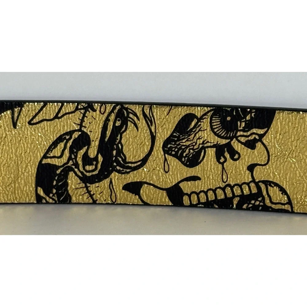 Ed Hardy Mens Gold Metallic Tattoo Print Belt Tiger Skull Snake Size 36 Y2K
